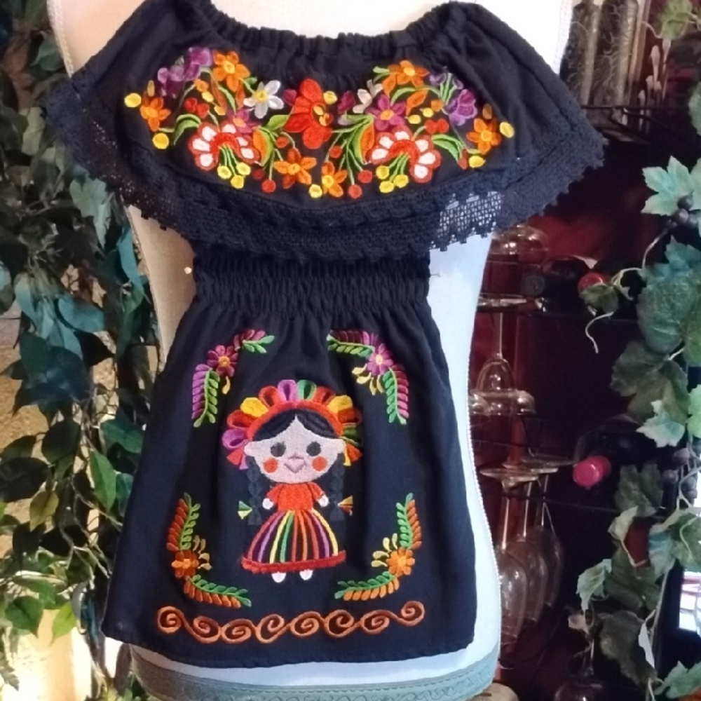 Girls Black dress with Colorful Embroidery flowers and detailed embroidered doll